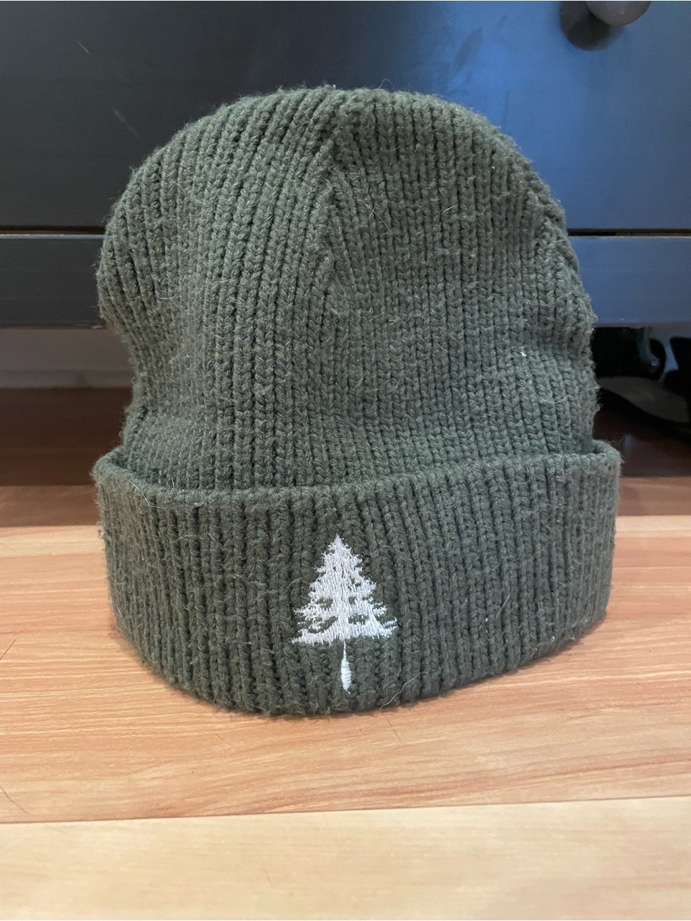 Kids Olive Green Knit Beanie with Tree Embroidery